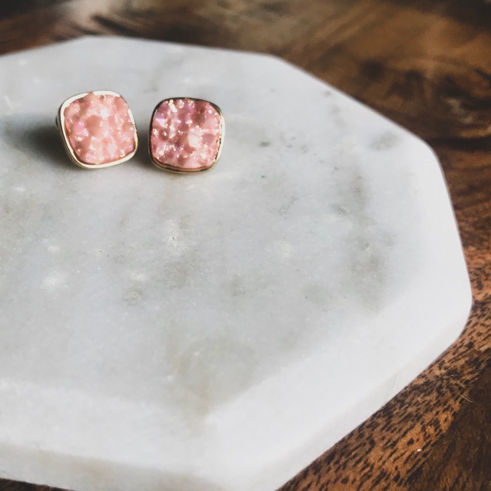 Blush & Gold Druzy Stone Stud Square Post Earrings Jewelry Womens Minimalist NEW